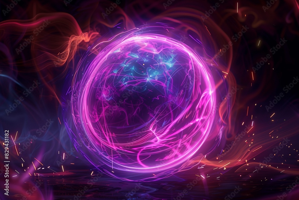 An abstract neon energy sphere pulsating with vibrant particles and waves, floating in a dark void. An abstract neon energy sphere pulsating with vibrant particles and waves, floating in a dark void.