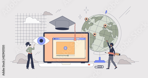 Online courses and international study tiny person neubrutalism concept. Travel for academic knowledge and graduation abroad vector illustration. E-learning platform using internet resources.