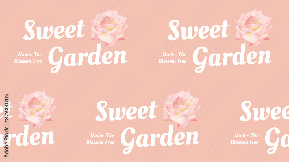 Floral seamless pattern, pink roses with text on light orange background Floral seamless pattern, pink roses with text on light orange background