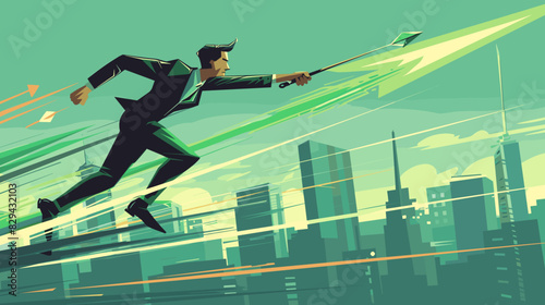  Ambitious Businessman Launches Green Arrow Javelin Symbolizing Business Growth and Prosperity
