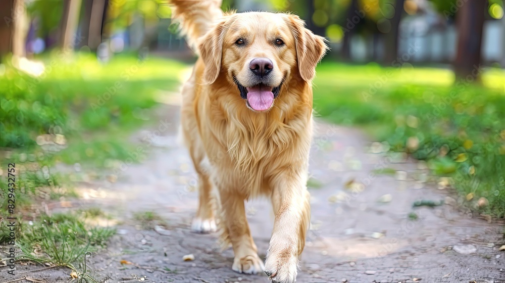 Golden Retriever Enjoying a Walk on a Sunny Day in Nature's Surroundings Golden Retriever Enjoying a Walk on a Sunny Day in Nature's Surroundings