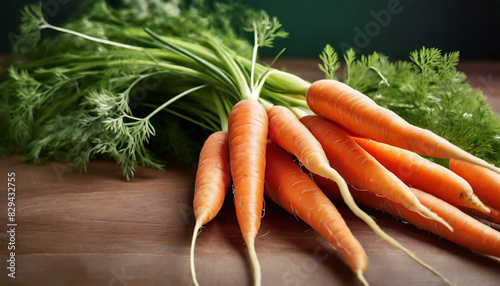 Fresh vegetables, carrots bunch with green leaves on dark background. Harvest. Raw food ingredients.