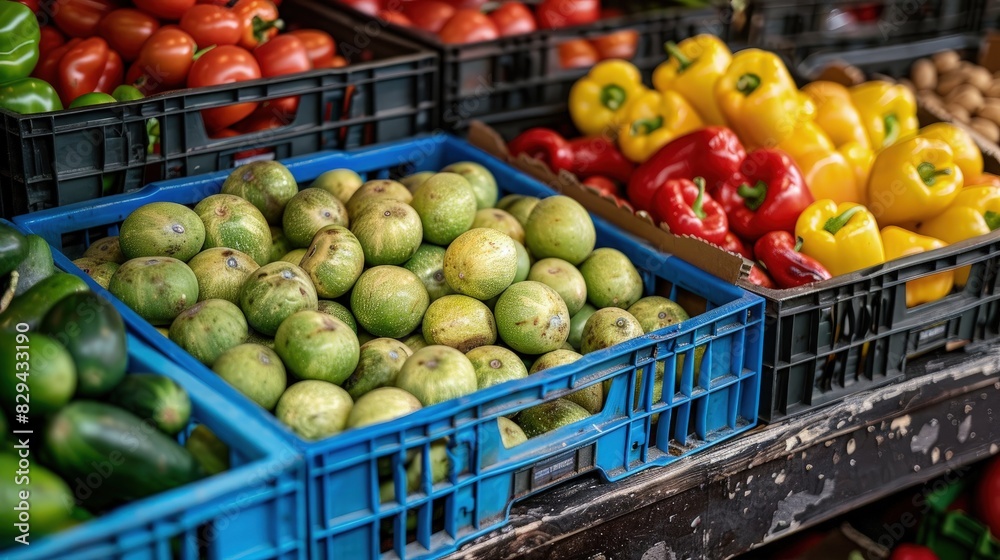 A Vibrant Fruit Market Scene with Various Plastic Crates and Shelves A Vibrant Fruit Market Scene with Various Plastic Crates and Shelves