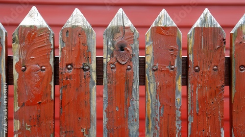 Six Weathered Red Wooden Posts with Mysterious Inscriptions in Captivating Image photo