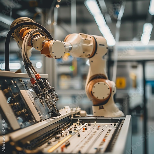 Image of a robot arm interacting with an industrial or research control panel. It is part of a larger machine or system. Wiring and components indicate advanced technology, automation. or artificial i