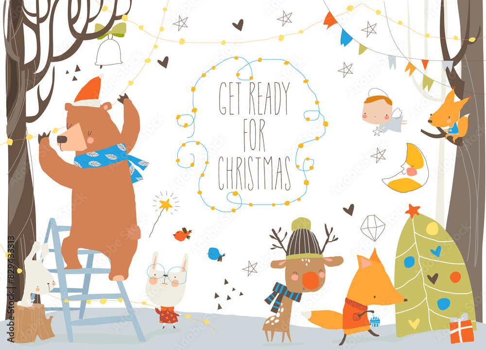 Fototapeta premium Cute Cartoon Animals getting ready for Christmas. Vector Illustration