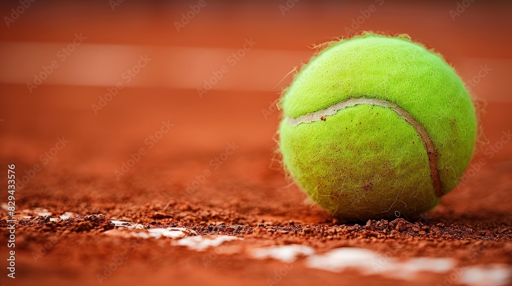 Vibrant Green Tennis Ball Against Red Clay Court Setting.