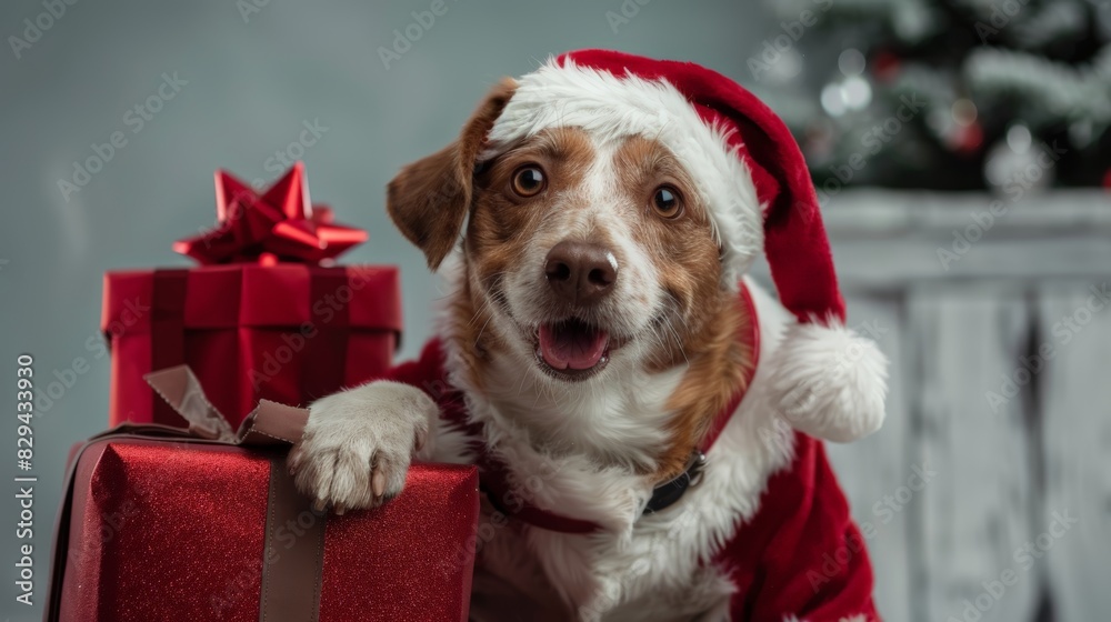 Dog in Santa Hat with Presents. Adorable dog wearing a Santa hat, joyfully posing with wrapped Christmas presents, creating a festive and heartwarming holiday scene