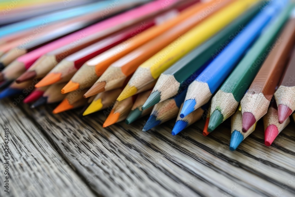 Vibrant Collection of Crayons on Gray Wooden Surface Vibrant Collection of Crayons on Gray Wooden Surface