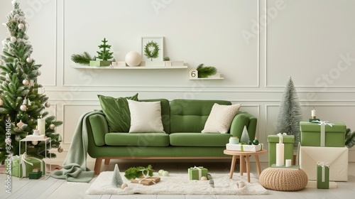 Minimalist Christmas living room with green couch, white decorations, and wrapped gifts under a small tree, creating a cozy holiday atmospher photo