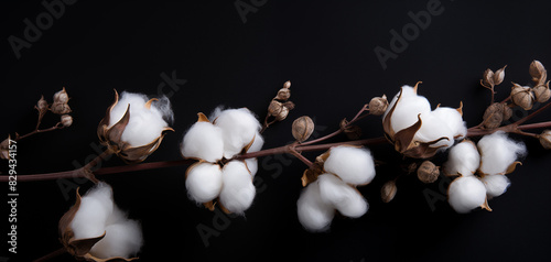 Cotton plant branch with bolls, natural fiber on black background