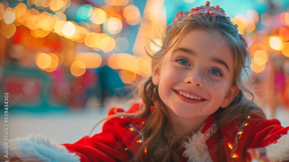Smiling girl in a festive red dress with Christmas lights in the background Smiling girl in a festive red dress with Christmas lights in the background