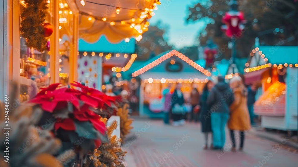 Festive Christmas market with lights, decorations, and shoppers enjoying the holiday spirit in a cheerful atmosphere