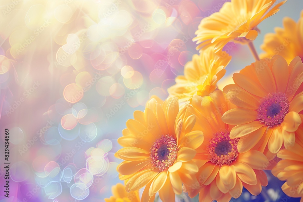 Obraz premium A beautiful spring nature background featuring close-up shots of vibrant yellow flowers against a soft, abstract light backdrop,