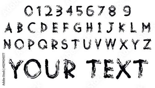 brush drawn font. hand drawn calligraphic letters made with brush textured effect. english alphabet with number. vector illustration on transparent background.