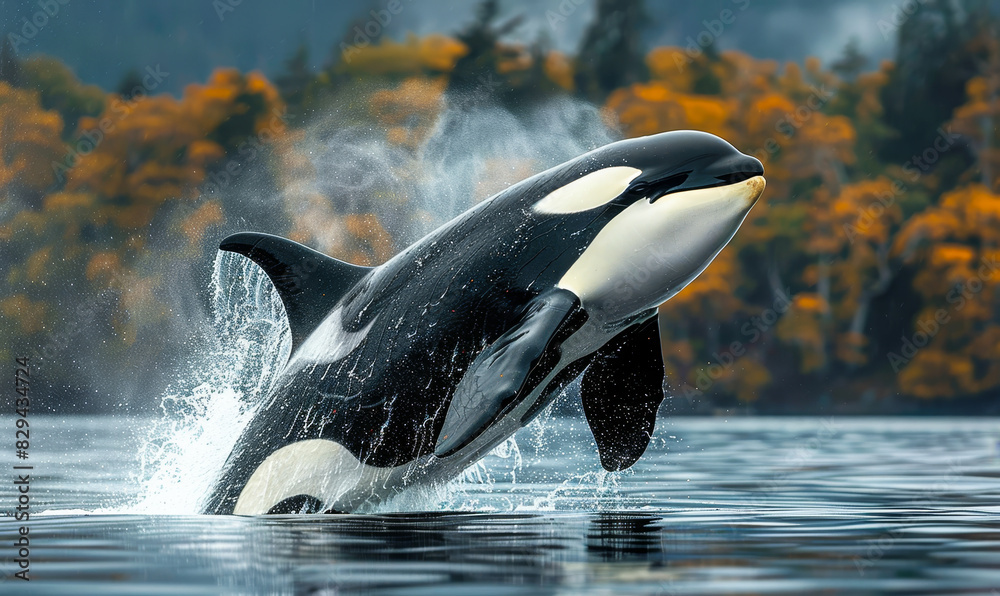 Fototapeta premium Bigg's Orca Whale Breaching the Water in Vancouver Island with Autumn Foliage in the Background, Wildlife Photography, Nature Conservation
