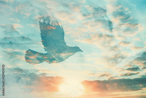 Memorial Day peace with a minimalist silhouette of a dove soaring against a cloudfilled blue sky close up, serene tribute, ethereal, double exposure with a sunset backdrop