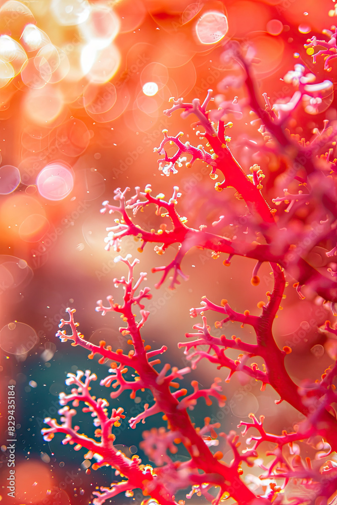 Bright red algae with intricate branches in clear water, lit by sunlight near a coral reef.