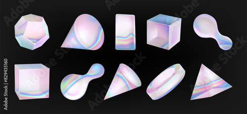3d y2k hologram shape. Abstract liquid figure render. Geometric glass element object with iridescent gradient. Futuristic metal music glossy chrome illustration. Triangle, blob, cone holographic art