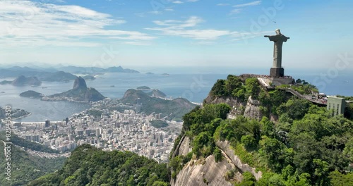 Aerial panorama of Rio de Janeiro, wide angle city view, Sugarloaf Mountain in background, Brazil. Summertime in South America	