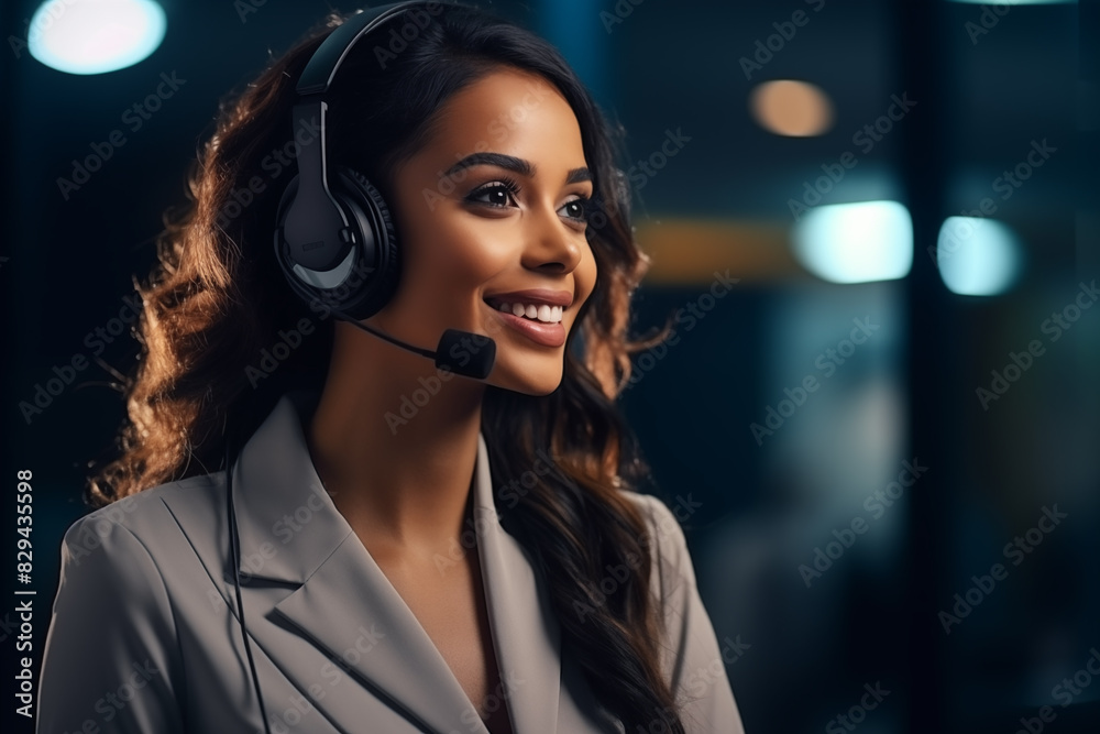 Pensive female helpdesk service agent working on computer at call center. Call center, young woman and smile . Customer service consultant. Pensive female helpdesk service agent working on computer at call center. Call center, young woman and smile . Customer service consultant.