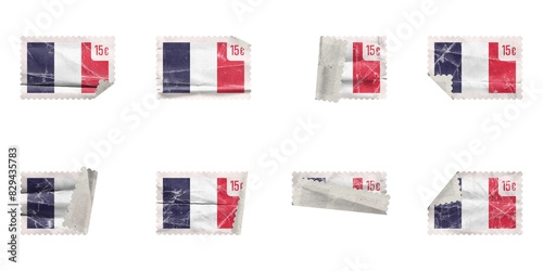 Set of Vintage Post stamp folded france flag with old paper texture