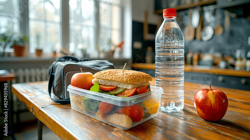 A bottle of water next to a lunch box with a sandwich and an apple. Concept of preparation and healthy food, to take to the office or university.