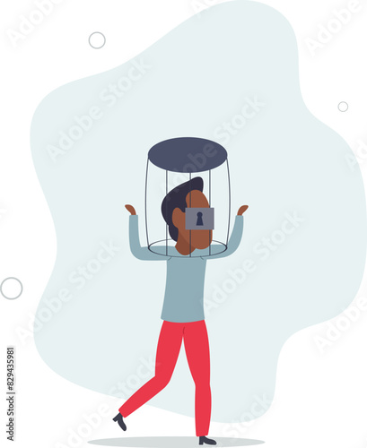Fixed mindset, negative emotion refuse to learn anything new, fearful or mental lock, suppression or aversion disorder.flat vector illustration.