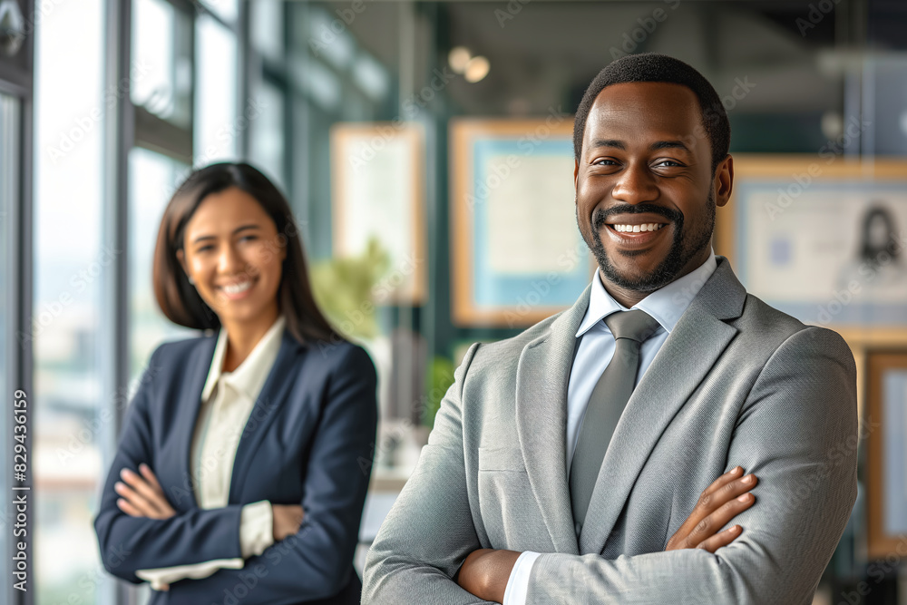 Smiling business man and woman of different races indoors Smiling business man and woman of different races indoors
