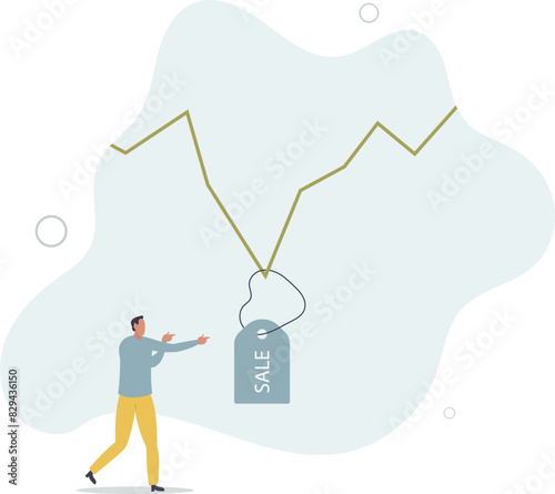 businessman investor expertise pointing at lowest with sale price tag on stock market graph.flat vector illustration.