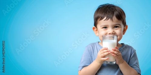 Cute little boy drinks white milk from transparent glass on blue background. World milk day.