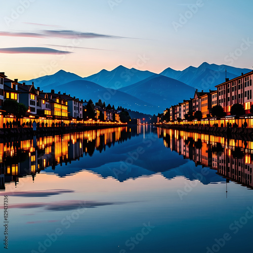 There are many high and low buildings around the lake, a beautiful night view is reflected in the lake, there are high mountains in the distance, there are many green grasses, and a night view photo