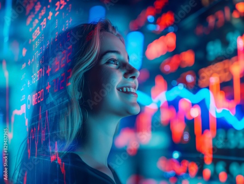 Smiling woman looking at digital stock market data, symbolizing financial growth and technology.