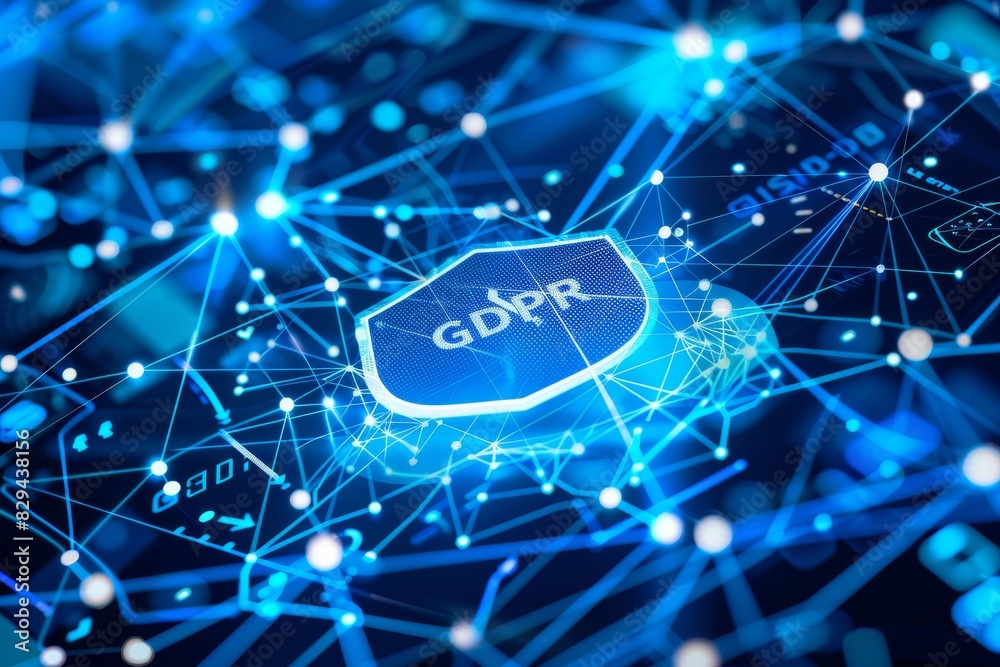 Obraz premium Blue glowing digital shield in a networked environment, showcasing advanced cybersecurity measures with a focus on connectivity.