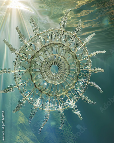Intricate rotifer with ciliated structures in clear freshwater, illuminated by bright overhead light.