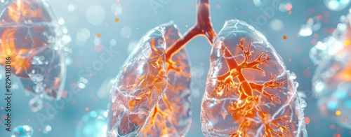 Microplastics in human lungs with orange glowing particles inside the lungs and some white cells