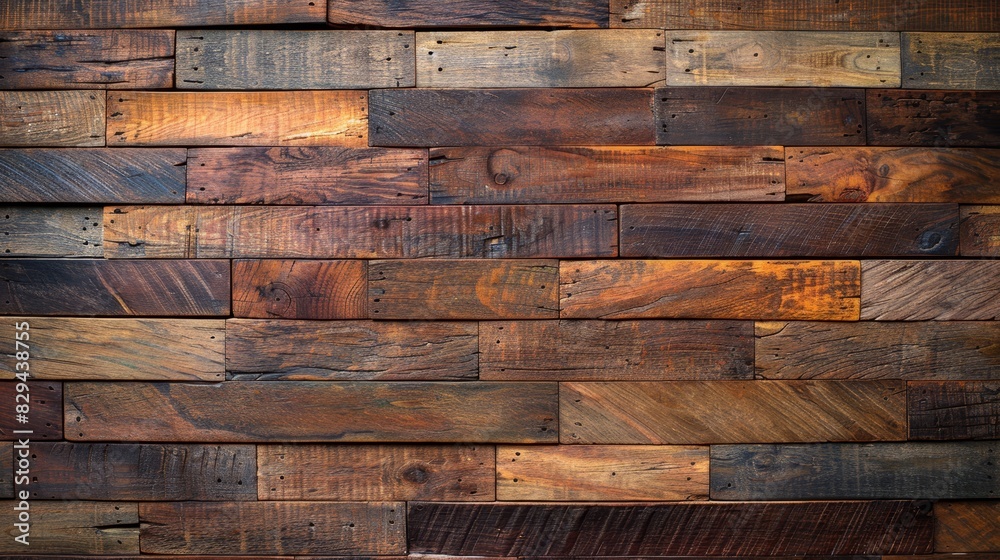 A tight shot of a varied wooden wall, adorned with distinct plank types Atop one plank, a black feline sits, its eyes piercing the scene Across A tight shot of a varied wooden wall, adorned with distinct plank types Atop one plank, a black feline sits, its eyes piercing the scene Across