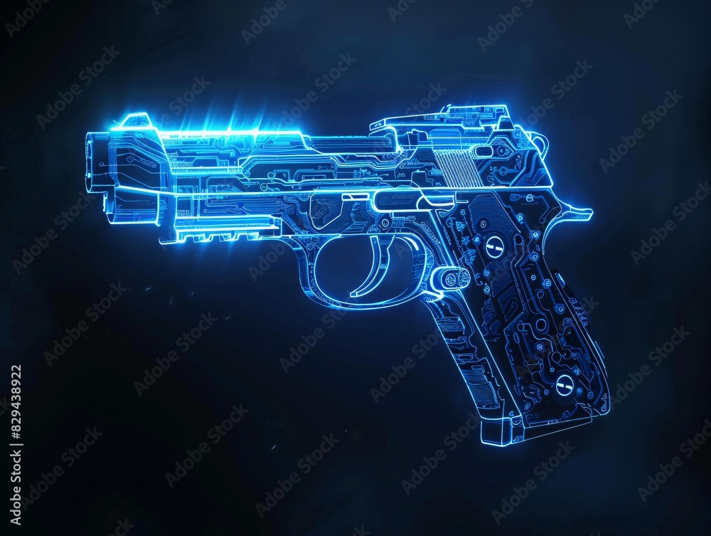 blue print of hand gun or holographic handgun on dark background ...