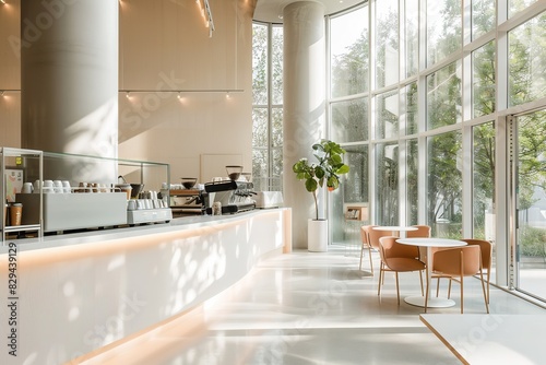 Modern Minimalist Coffee Shop with White Semicircular Counter