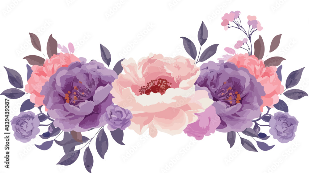 Watercolor flower frame. Pink peonies and purple rose