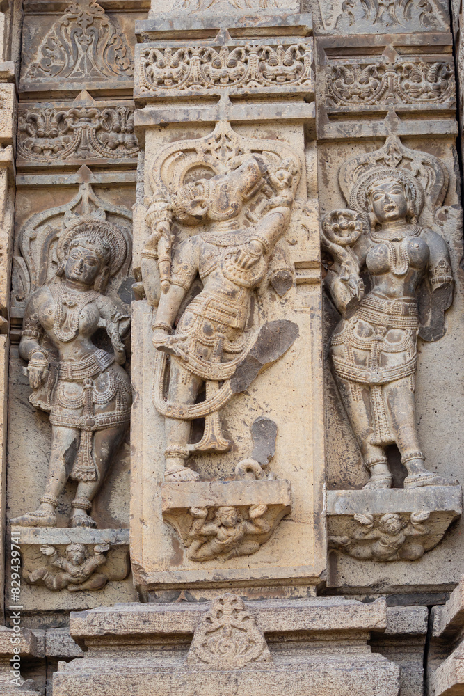 Sculpture of Varaha and Dancing Apsara on the Kedareshwara Temple, Dharmapuri, Beed Maharashtra India.