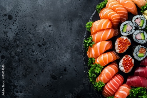 Sushi set with sashimi and salmon on a dark background, shown from above, in a Japanese food style concept. Space for text,