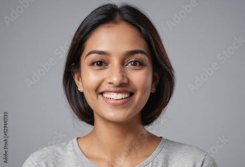 portrait view of a regular happy smiling South Asian woman , ultra realistic, candid, social media, avatar image, plain solid background