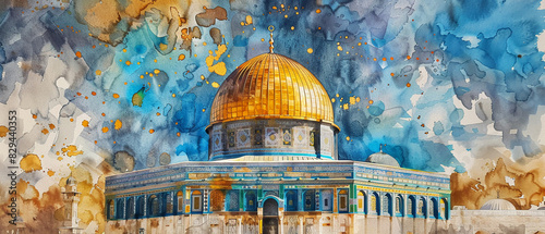 Watercolor hand draw The Dome of the Rock in Jerusalem is a prominent Islamic shrine with a golden dome and beautiful mosaics.