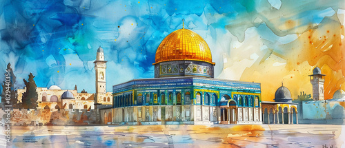 Watercolor hand draw The Dome of the Rock in Jerusalem is a prominent Islamic shrine with a golden dome and beautiful mosaics. photo