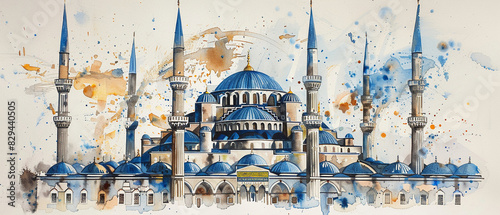 Watercolor hand draw The Sultan Ahmed Mosque (Blue Mosque) in Istanbul Turkey photo
