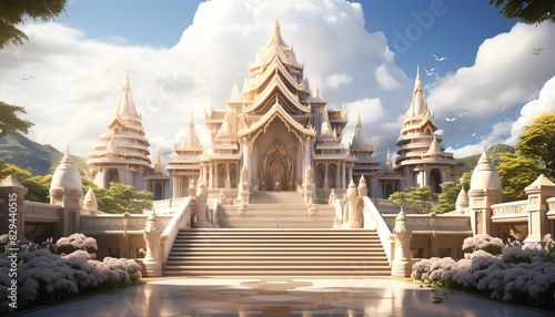 8K highres photo of a splendid Thai temple, intricate interior line art, serene Buddha statues, vibrant colors, topnotch Midjourney rendering photo