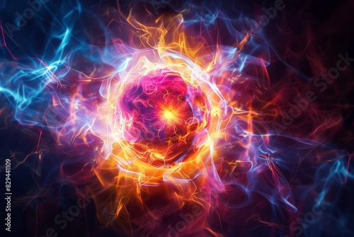 Magical Neon Sphere in the Night Sky - Abstract Vibrant Cosmic Glow Postproducted Digital Illustration. Generative AI. Beautiful simple AI generated image in 4K, unique.