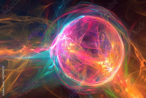Abstract energy sphere with glowing bright particles, atom from energy scientific futuristic hi-tech background. Beautiful simple AI generated image in 4K, unique. © ArtSpree