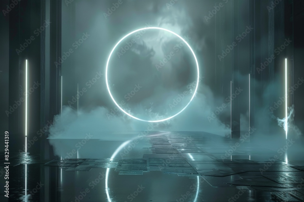 Fototapeta premium Magical Neon Sphere in the Night Sky - Abstract Vibrant Cosmic Glow Postproducted Digital Illustration. Generative AI. Beautiful simple AI generated image in 4K, unique.